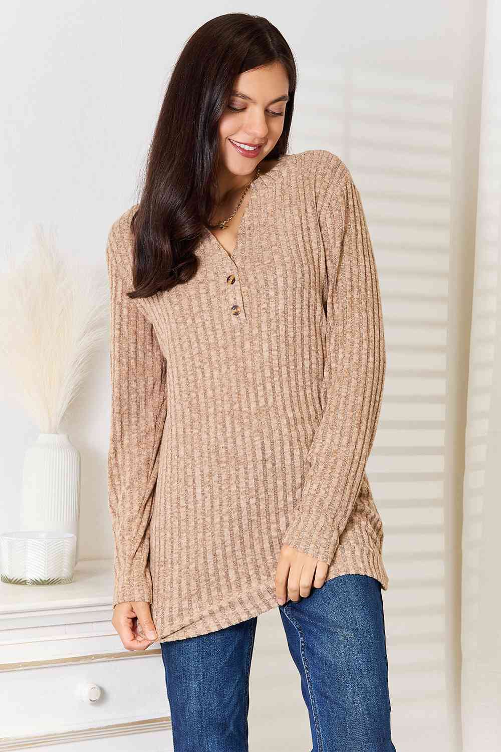 Double Take Notched Neck Ribbed Long Sleeve T-Shirt - Love Salve